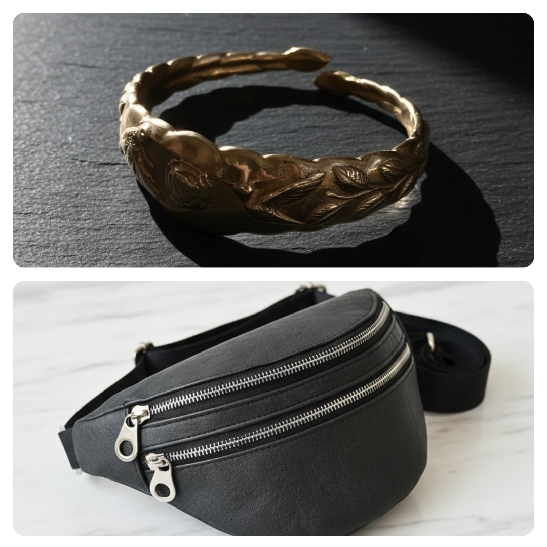 Mujer con riñonera negra gastada y brazalete apoyada en un auto vintage